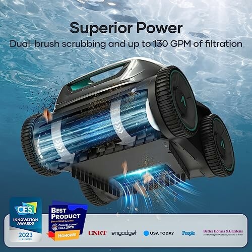 Robotic pool cleaner showcasing dual-brush scrubbing and filtration features with awards displayed.
