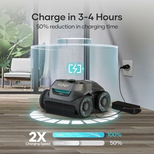 Robotic vacuum charging station with speed indicator.