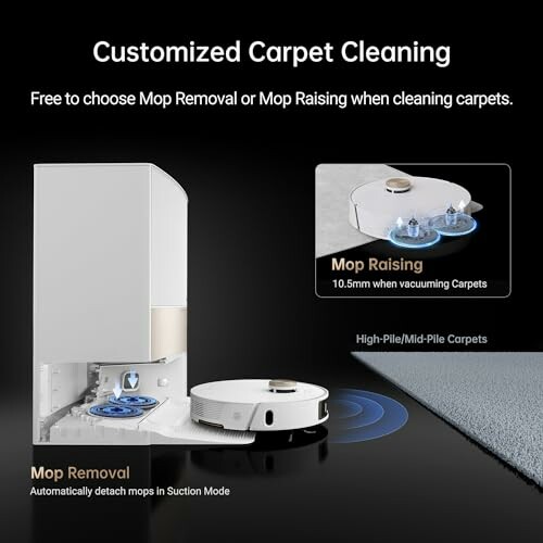 Robotic vacuum with mop removal and raising features for carpet cleaning.