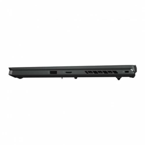 Side view of a closed laptop showing ports and vents.