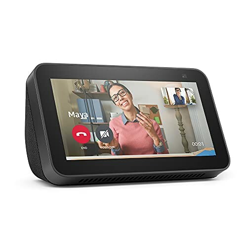 Smart display showing a video call with a woman in a pink sweater.