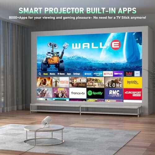 Smart projector displaying streaming apps on a wall.