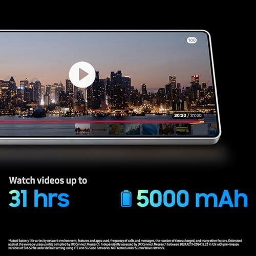 Smartphone displaying video playback with 31-hour battery life claim.