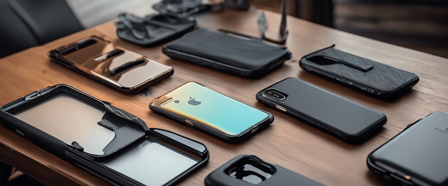 Various smartphone cases on a table