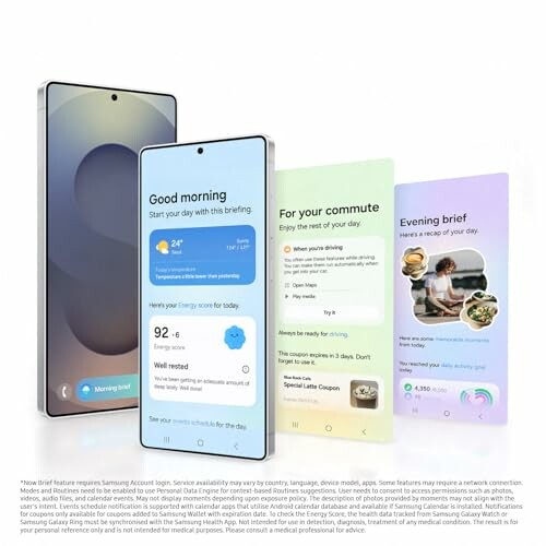 Smartphone showing daily brief and commute updates.