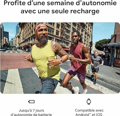 Two people running, promoting smartwatch with long battery life.