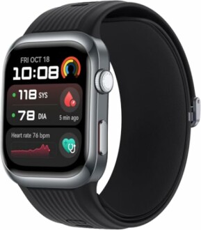 Smartwatch displaying health metrics including time, date, blood pressure, and heart rate.
