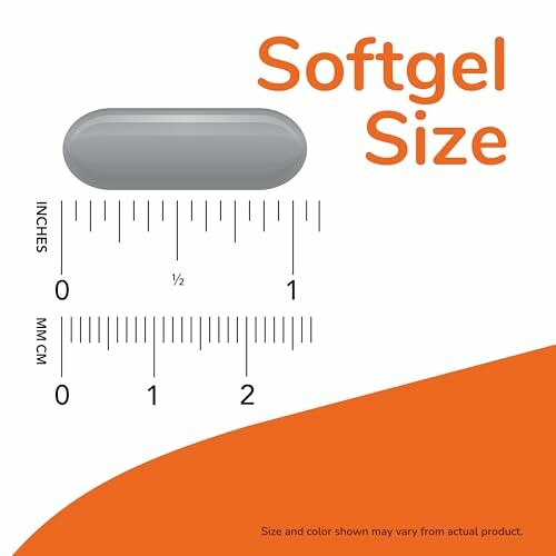 Softgel size comparison with ruler in inches and millimeters.