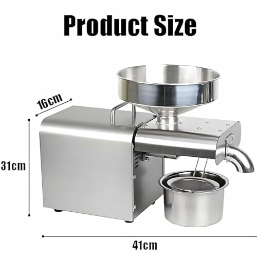 Stainless steel oil press machine with dimensions.