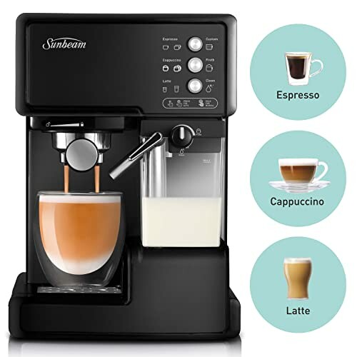 Sunbeam espresso machine with espresso, cappuccino, and latte options.