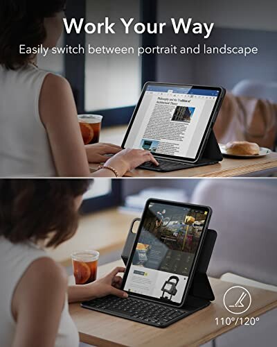 Person using a tablet on a keyboard stand in portrait mode.