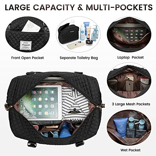 Travel bag with multiple pockets and large capacity, showcasing toiletries, electronics, and various compartments.