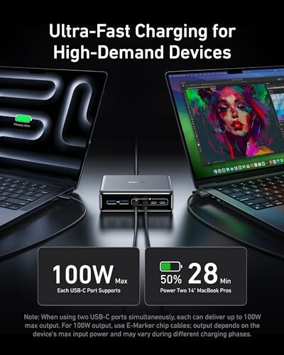 Ultra-fast charging hub with two laptops and power specs.