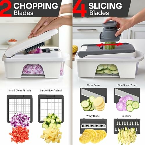 Vegetable chopper with 2 chopping and 4 slicing blades.