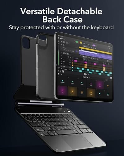 Tablet with detachable back case and keyboard.