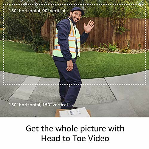 Delivery person waving at a smart video doorbell with wide-angle view.