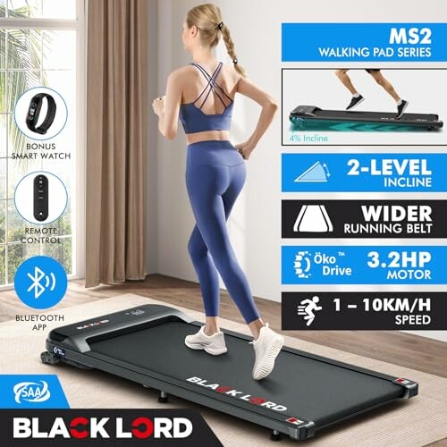 Woman using Black Lord walking pad with features listed.