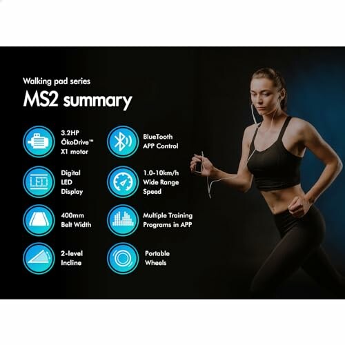 Woman using walking pad MS2 with feature list including motor, LED, incline, Bluetooth, speed, training programs, and wheels.