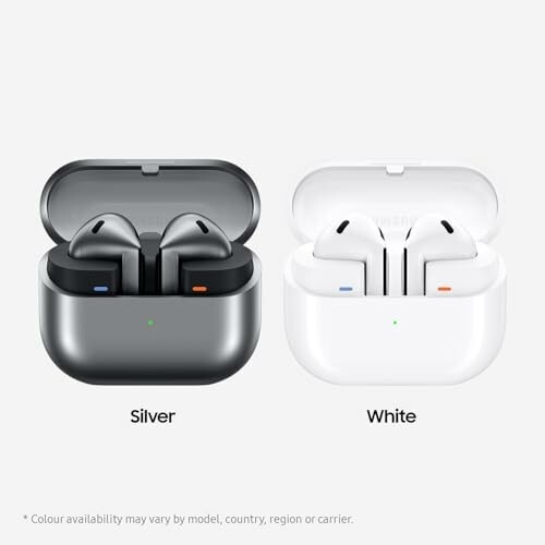 Wireless earbuds in silver and white charging cases